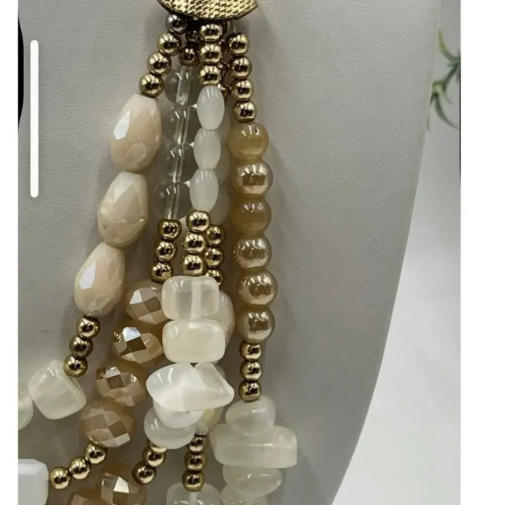 Natasha MultiStrand Layered Peach Opal White AB Beaded Statement Necklace‎